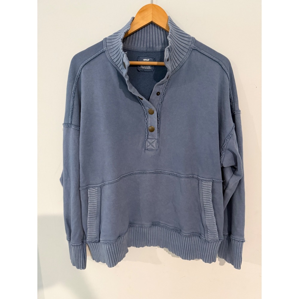 Aerie Womens Blue 100% Cotton Ribbed Quarter Button Sweatshirt Size M RN54485